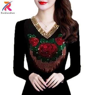 Áo thun dài tay thời trang thu đông nữ Ruidiandian có kim cương Áo sơ mi nữ đáy