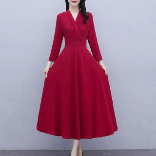 Phong Cách Mới Slim-fit Ôm Hơn Nhìn Tính Khí Đi Làm Váy Dài Tay Nữ Màu Trơn V @