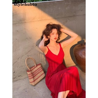 Stylehubto 2250 # 2024 váy treo cổ chữ v màu đỏ cổ điển kiểu pháp mới