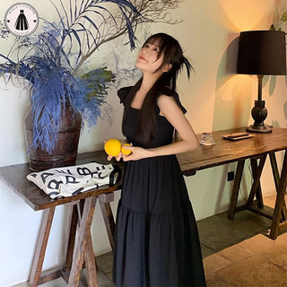 Dây đeo cổ vuông kiểu Pháp Váy chữ A dành cho bé gái thiết kế nhỏ, tay bay nhỏ, phong cách Hepburn, váy đen mỏng