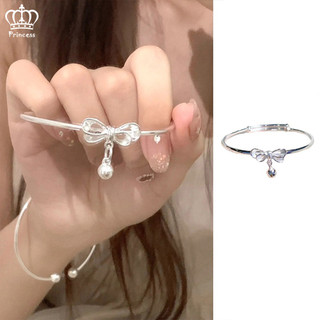 Vòng Tay Bạc Đính Nơ Và Bóng Lông Đơn Giản Cho Nữ