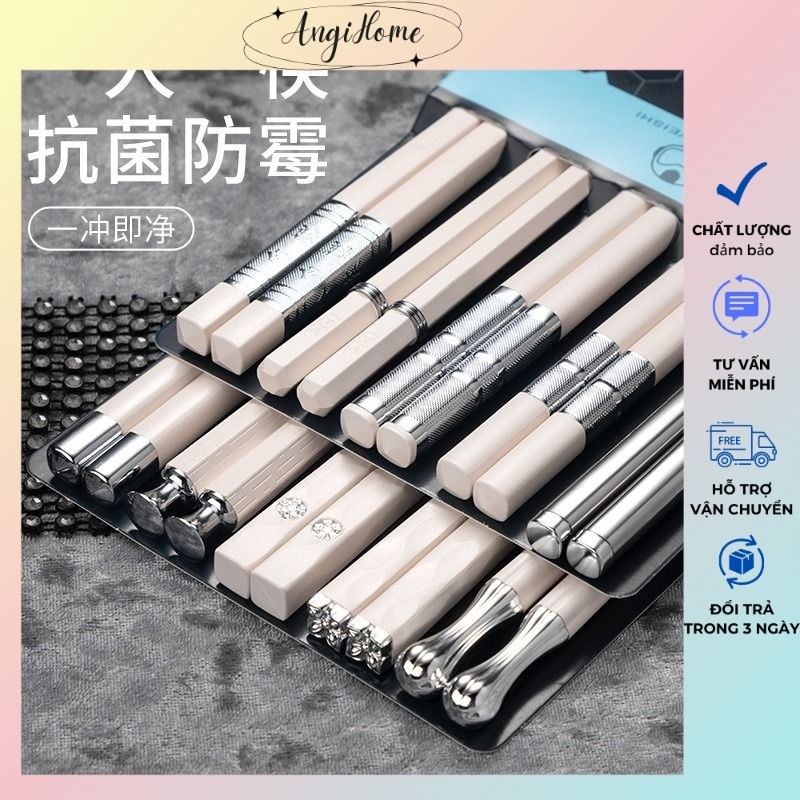 Set 5/10 đôi đũa trắng sợi thủy tinh kháng khuẩn 10 kiểu dáng mạ bạc c