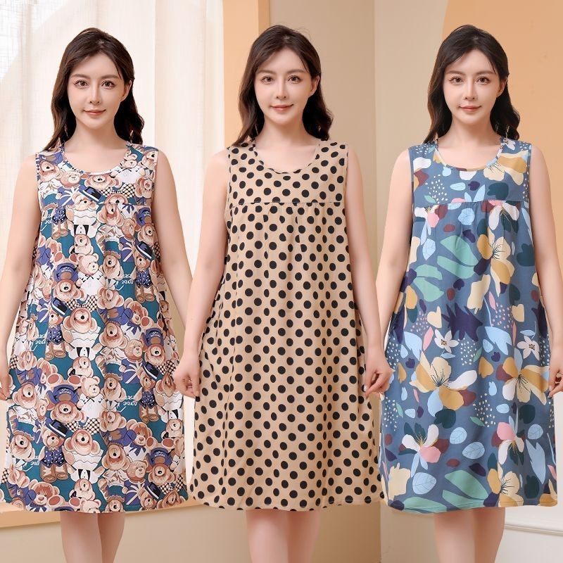 Váy Ngủ Nữ Mùa Hè Trung Niên Người Cao Tuổi Cotton Lụa Không Tay Băng Lụa Bộ Đồ Ngủ Rayon Đầm Dài Vừa Size Lớn Homewear