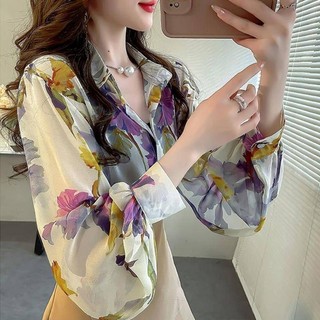 Áo sơ mi tay hoa mùa hè retro áo sơ mi voan nữ họa tiết hoa thời trang