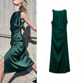  Mùa hè Phong Cách Mới Cổ Tròn Không Tay Chia Giữa Chiều Dài Xếp Ly Trang Trí Lụa Satin Họa Tiết Đầm 4387249