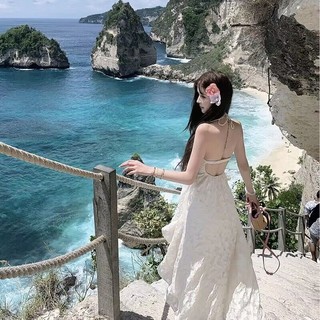 Váy nghỉ mát nữ Ngực Pad Cổ tích Halter Váy dài không lưng