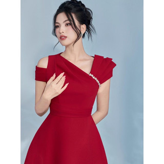 Váy đỏ dự tiệc noel tết cưới may o47 vai cách điệu – đầm đỏ dự tiệc thiết kế sang trọng chuẩn may