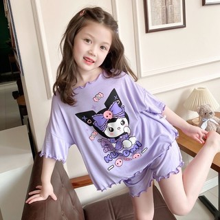 Bộ đồ ngủ mùa hè 100-150cm cho bé gái, Bộ đồ ngắn tay mỏng mùa hè cho bé gái, Bộ đồ Kuromi hoạt hình, Bộ đồ mặc nhà cho bé gái