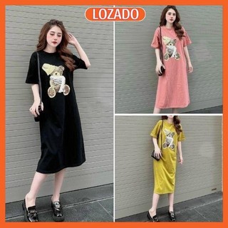 Váy suông LOZADO đầm suông nữ dáng dài tay ngắn in hình gấu hottrend - V750