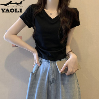 Áo thun nữ YAOLI màu trơn cổ chữ V thiết kế mỏng tay ngắn mùa hè phong cách Hàn Quốc hàng đầu đơn giản