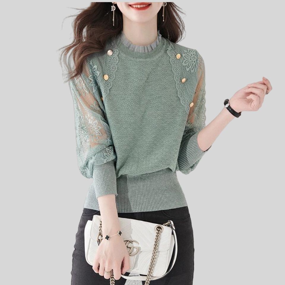 Áo Sơ Mi Dệt Kim Rỗng Phong Cách Hàn Quốc Mỏng Tay Đèn Lồng Ren Khâu Thanh Lịch