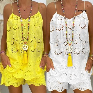 Ayyufe 2 Cái / bộ Dây Rút Tua Rua Thêu Họa Tiết Hoa Rỗng Ra Trang Phục Thường Ngày Có Lót Xù Viền Sling Vest Top Quần Short Chân Rộng Bộ Dạo Phố