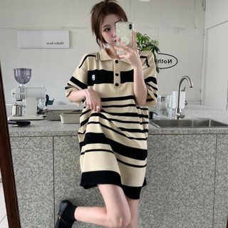 Đầm dài bigsize nữ Váy xinh Đầm Nữ Mùa Hè 2024 Phong Cách Mới Mỏng Retro Lỏng Lẻo Ôm Hơn Cổ POLO Sọc Dệt Kim Tay Ngắn