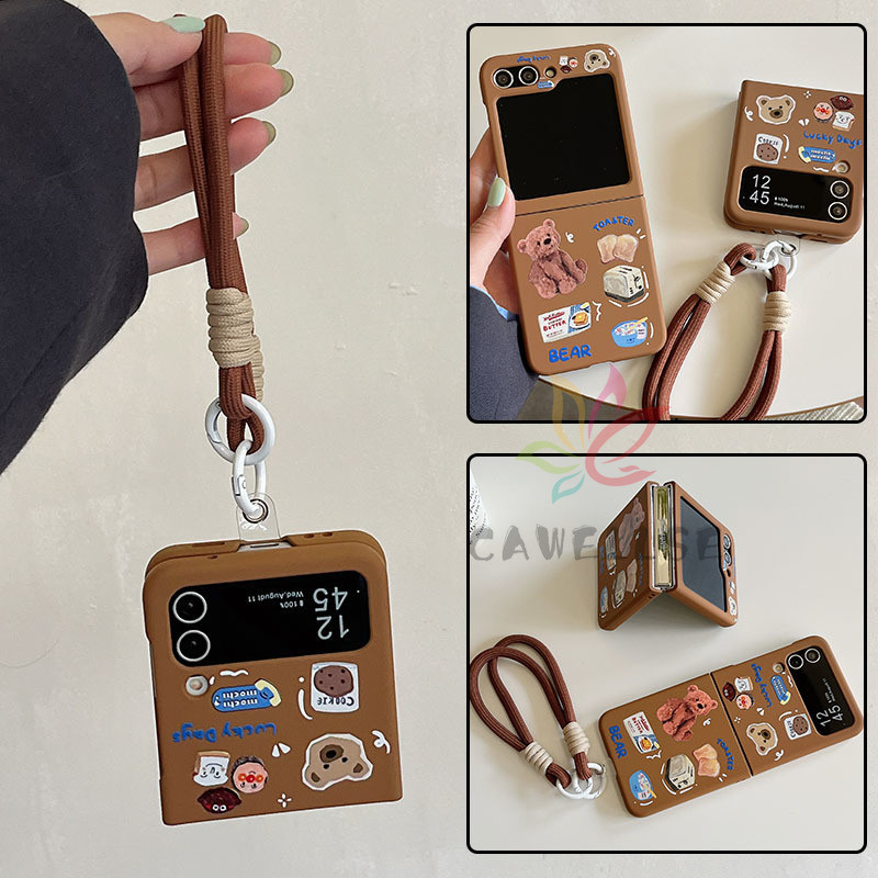 Slim Phim Hoạt Hình Dễ Thương Gấu Bánh Mì PC Cứng Vỏ Điện Thoại Samsung Galaxy Z Flip 5 Z Flip 4 Z Flip 6 Caramel Skin Matte Case Với Vòng Tay Dây Nylon Flip5 Flip4 Flip3