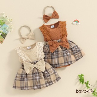 Bé gái jumpsuit ăn ren dài tay áo bowknot kiểm tra váy Hem bé jumpsuit đầu trang phục mùa hè