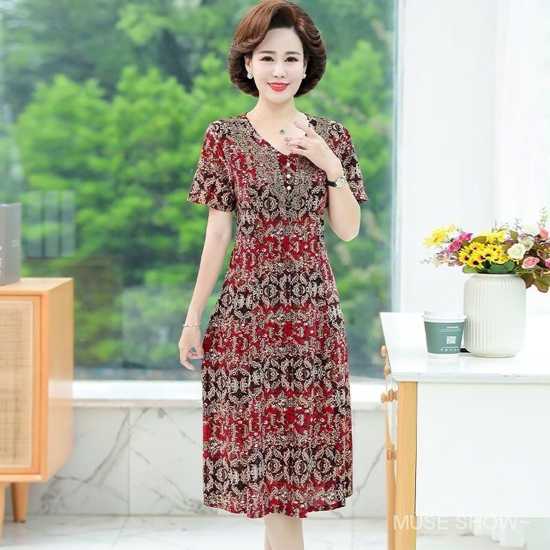 Váy dài vừa phải Váy mùa hè dành cho nữ Váy cổ tích ngắn tay dành cho nữ Slim-fit Loose Người cao tuổi trung niên 2022 Đầm của mẹ Người cao tuổi trung niên Thời trang dáng rộng Wester