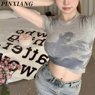 Pinxiang Áo thun ngắn tay cổ điển Mỹ dành cho nữ mới giảm béo niche hot girl short top