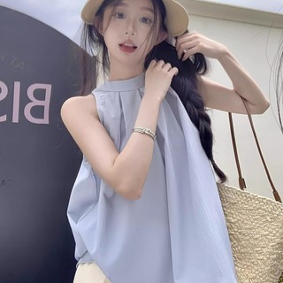 Áo thun voan mùa hè phong cách mới Áo sơ mi cổ không tay xếp li màu xanh dáng rộng hàng đầu