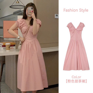 Thiết Kế Phong Cách Nhẹ Nhàng Hơn Nhìn Tay Phồng Cổ Chữ v Đầm Mùa Hè 2024 Phong Cách Mới Xếp Ly Pháp Eo Hẹp Váy Dài JVFX