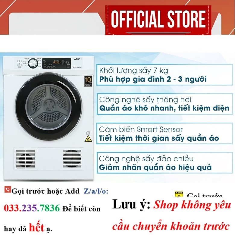 Máy sấy thông hơi Aqua 7 Kg AQH-V700FW 2020 <SAle>