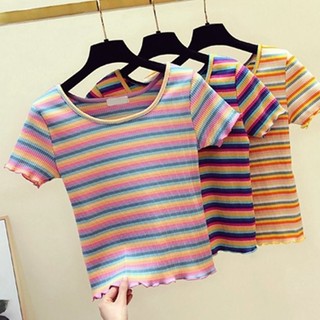 Áo thun ngắn tay sọc thời trang nữ mùa hè phong cách mới phiên bản Hàn Quốc Rainbow Strip All @
