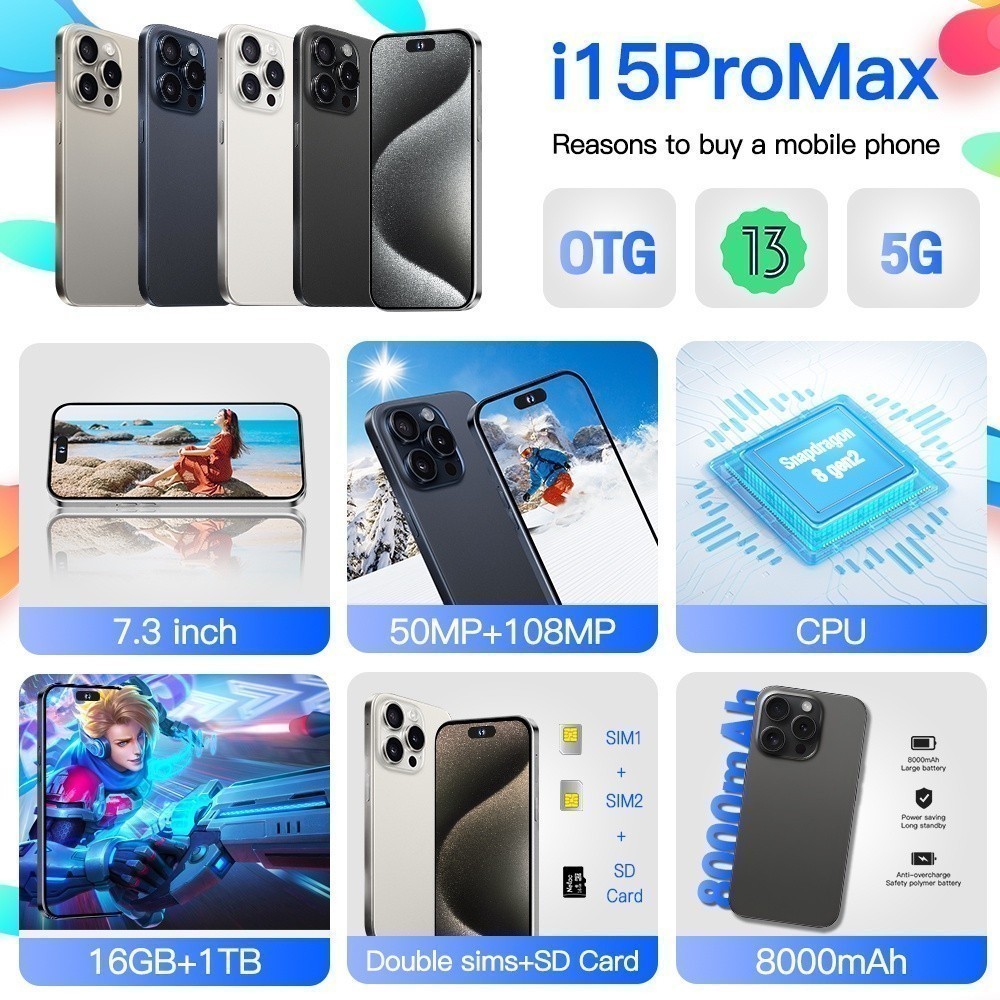 Mới I15 Pro Max 16GB + 1TB Pin Hai SIM 8000 MAh 7.3 Inch HD Android 13.0  Camera hd 50+108MP  Điện Thoại Thông Minh | BigBuy360 - bigbuy360.vn