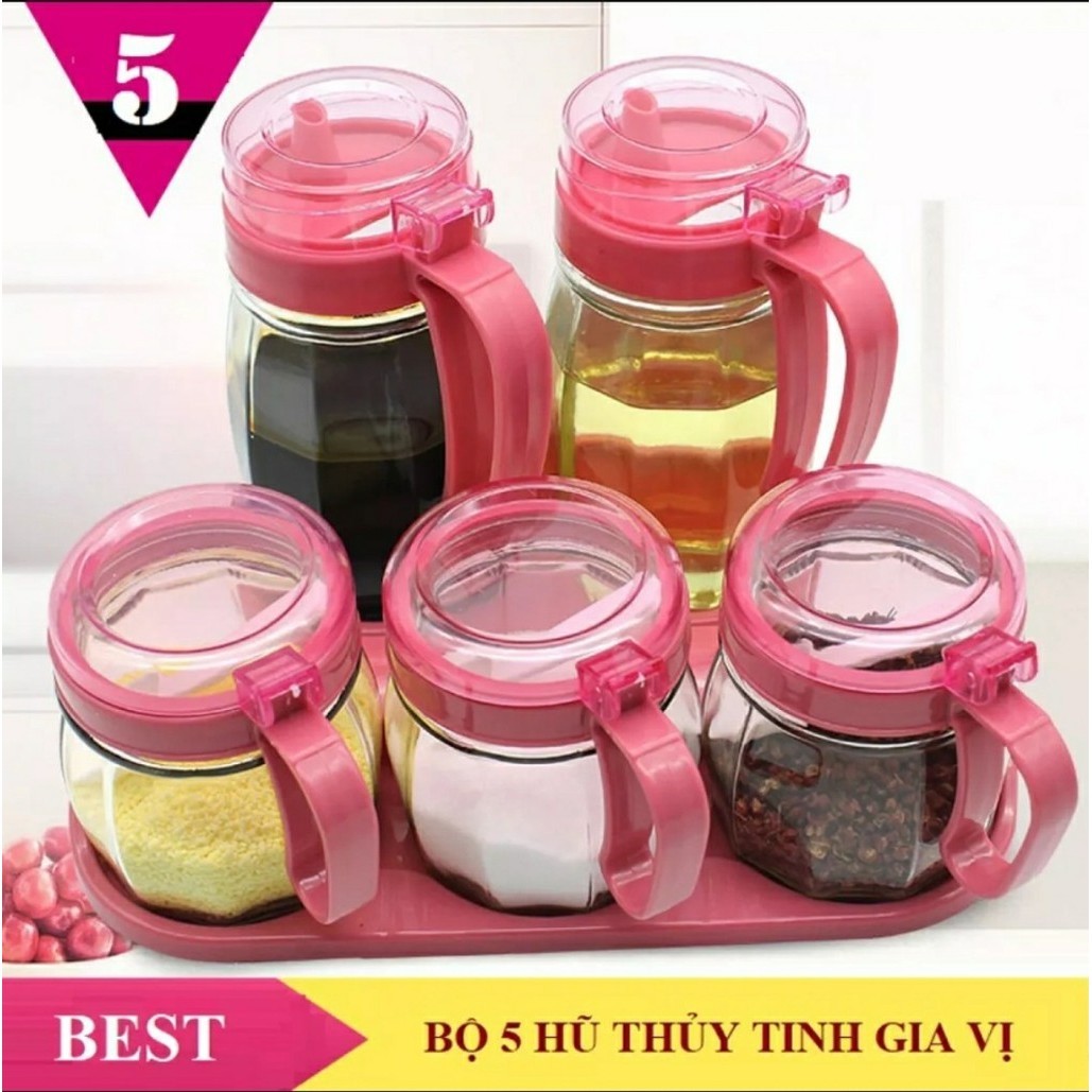Bộ 5 Hủ Đựng Gia Vị Thủy Tinh Gồm 2 Bình Rót Và 3 Hũ Đựng Chất Lỏng - MAMORU