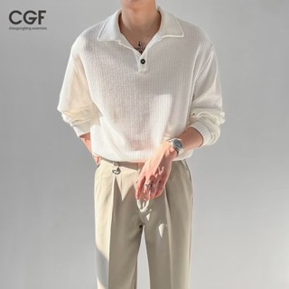 Chaogongfang essentials Waffle polo áo sơ mi nam màu trơn dài tay nhẹ chín đơn giản gió dáng rộng đế áo sơ mi