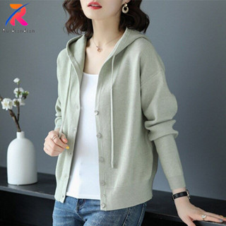 Áo len cardigan Ruidian cỡ lớn Hàn Quốc có mũ nữ, mùa xuân thu, hàng nút, áo len dệt kim dài tay dệt kim thông thường, áo khoác nữ