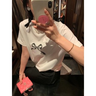 100% Cotton Giảm Tuổi Nơ In Hình Áo Thun Nữ Trung Dài 2024 Phong Cách Mùa Hè Châu Âu Ngọt Ngào Rời