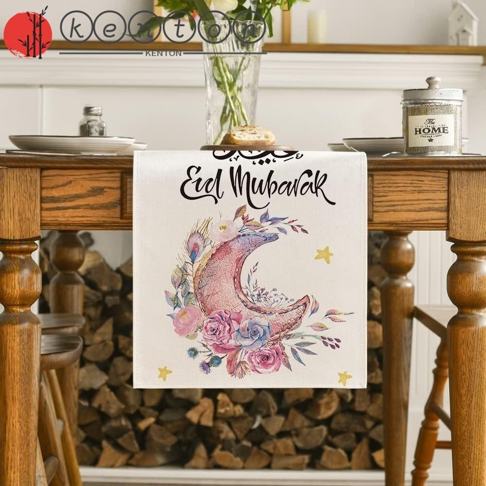 Kenton Eid Mubarak Table Runner, Vải Lanh Mặt Trăng Ngôi Sao Nhà Thờ Hồi Giáo Hoa Văn Thảm Bàn, Trang Trí Bàn Ăn Gia Đình Ngày Lễ Đồ Dùng Khăn Trải Bàn Tiệc