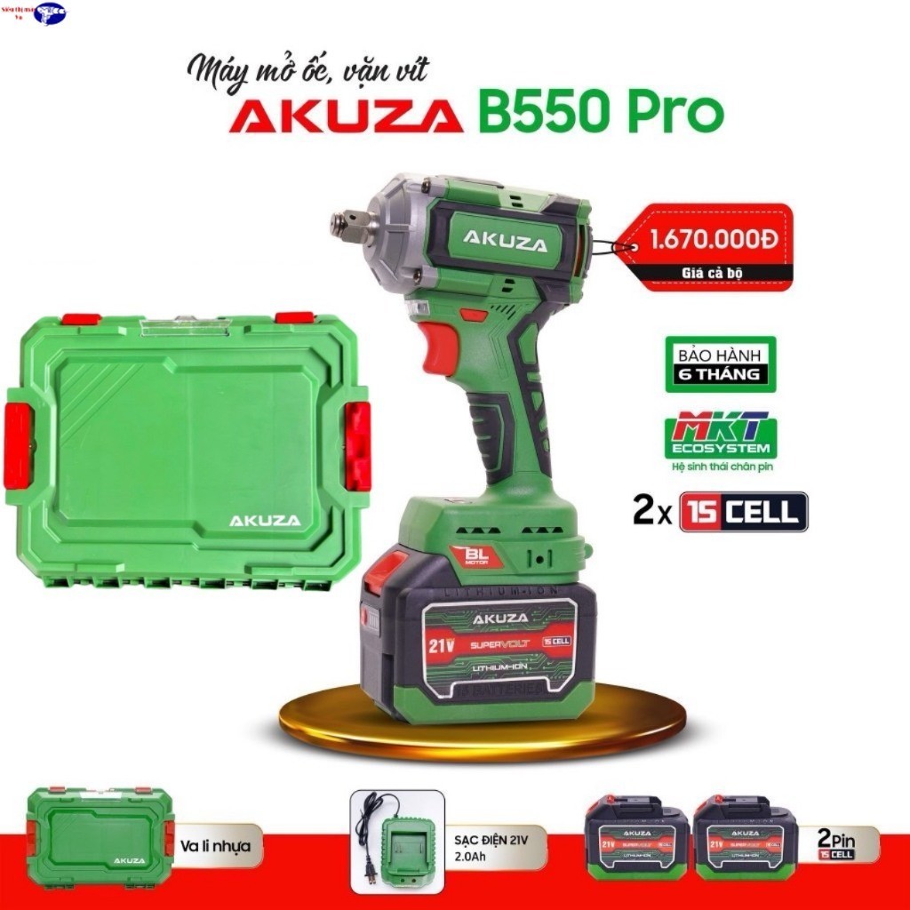 Máy siết bulong pin /AKUZA B550Pro 2/ Lực Siết 550N/m- chân pin phổ thông shop siêu thị máy vn