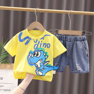 Trẻ Em Mùa Hè Quần Áo Thường Ngày Phù Hợp Với Khủng Long Bé Trai Bé Gái Áo Thun Quần Jean Ngắn 2 Cái / bộ Trẻ Sơ Sinh Áo Khoác Cho Bé Phù Hợp Với 1 2 3 4 5 Tuổi
