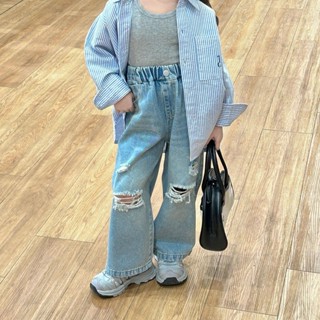 Quần jeans Dài Lưng Cao Ống Rộng Rách Gối Phong Cách retro Cho Bé Gái