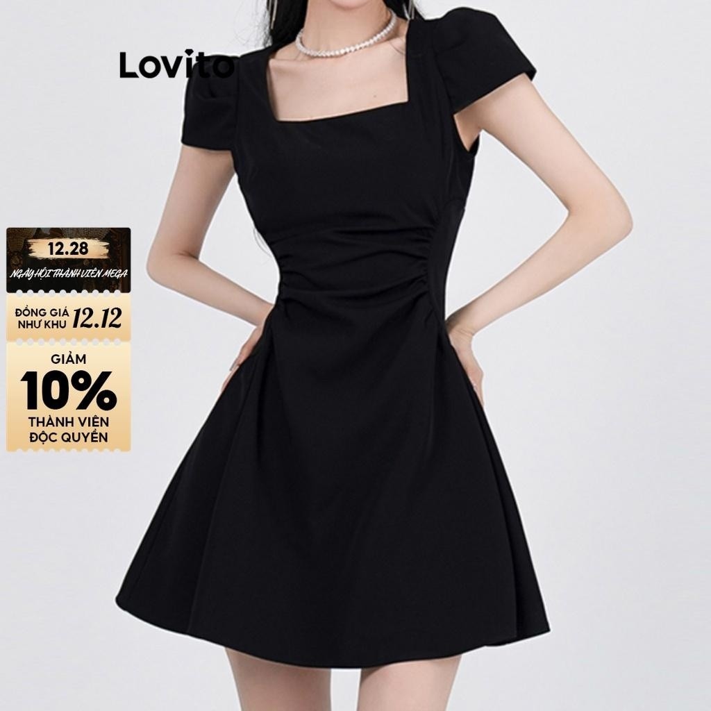 Đầm hàn quốc Lovito đầm đen thu đông công sở xếp ly màu trơn thường ngày cho nữ LNA20123 (Màu đen)