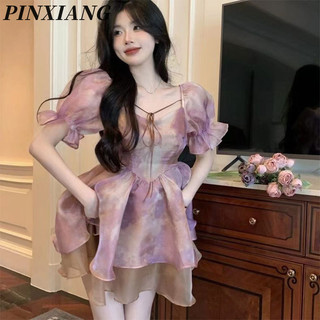 Pinxiang Nữ Mới Tie-Dye Váy Puff Phong Cách Retro Đầm Tuyệt Đẹp