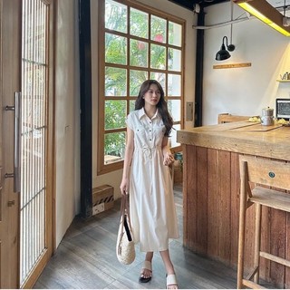 Váy sơ mi cổ đức chất kaki tay hến thắt eo dáng dài xẻ sau Myra  Vay137/P8K7