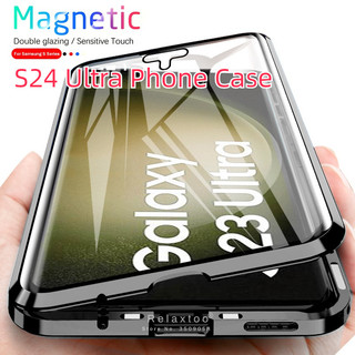 Dành Cho Samsung Galaxy S24 Ultra S24 Plus S23Ultra S23Plus S23FE 5G S22 Ultra Flip Vỏ Chống Sốc Kính Cường Lực Hai Mặt Vỏ Điện Thoại Kim Loại Từ Tính Cứng Bảo Vệ Mặt Sau