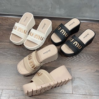 Dép xuồng nữ độn đế 7cm quai ngang đúc lưới