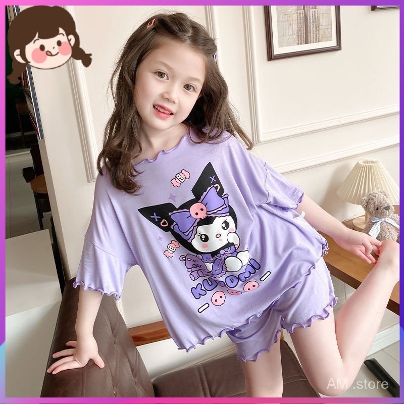 Bộ Đồ Ngủ Ngắn Tay Họa Tiết Hoạt Hình Phong Cách kuromi Dễ Thương Cho Bé Gái mza4