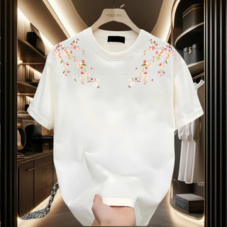 S-5xl 100% Cotton Cổ Tròn Tay Ngắn Phong Cách Trung Hoa Rời Cơ Bản Top Họa Tiết Hoa In Tee Cho Nam Đen / Trắng