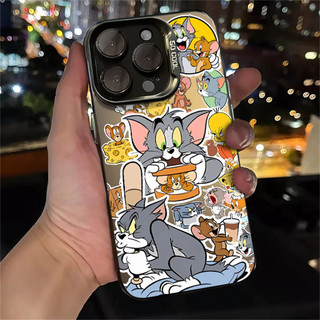 Ốp điện thoại hình ảnh hoạt hình mèo và chuột cho IPhone15 13 12PRO 14Plus 11PROMAX 7 8Plus Se2020 XS XR XSMax Vỏ cao cấp có chìa khóa kim loại mạ điện được phủ đầy đủ chống d