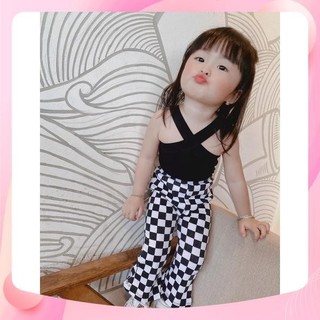 Xả Set áo chéo quần tăm xuông ô vuông cho bé gái