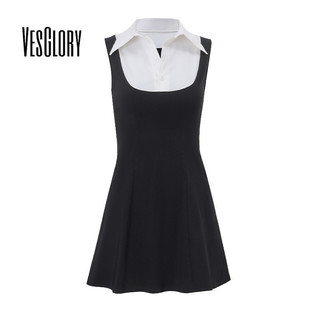 VesGlory Nữ Chữ A Đầm Thời Trang Mới Ve Áo Nối Màu Sắc Tương Phản Áo Ôm Không Tay