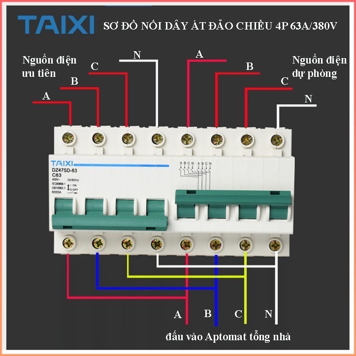 [NEW] Cầu dao đảo chiều 3 pha 63A 380V dạng aptomat 3 pha 4 dây Taixi - HKS