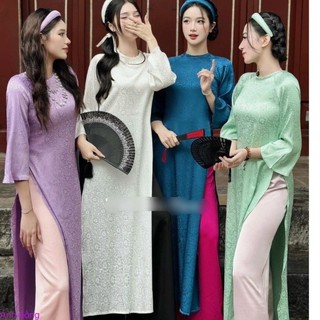 Áo dài cách tân gấm tơ cổ tròn cao cấp, Áo dài truyền thống mặc lễ tết đẹp chụp ảnh đi chơi dã ngoại