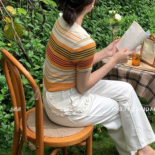 Xiao Girls 'Retro Màu Sọc Top Cổ Chữ V Mùa Hè Độc Đáo Tươi Sống Động Thanh Niên Slim-fit Phong Cách Thoáng Mát Lụa Ngựa Kim MIGT