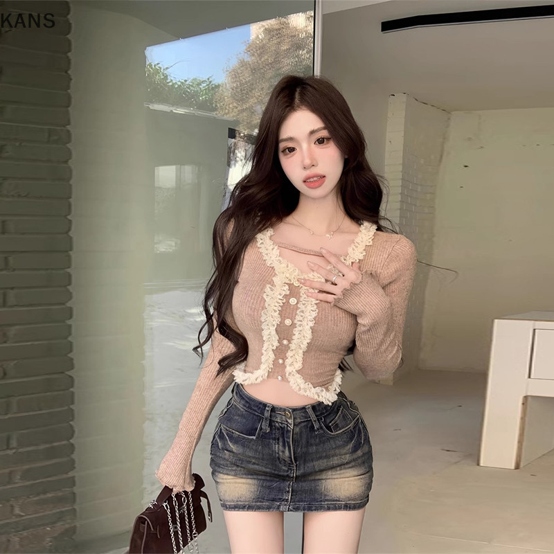 Kans Nữ Ren Thu Đông Áo Len Mỏng Sang Trọng Nút Lên Hàng Dệt Kim Crop vn