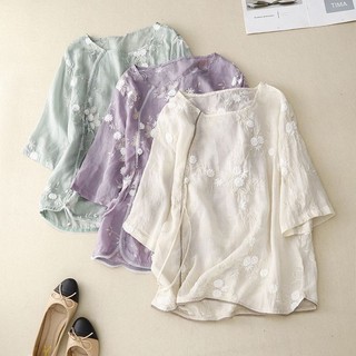 Ice Ngoại Thương Đuôi Đặt Hàng Văn Học Retro Vải Lanh Cotton Top Nữ Rời Mỏng Hơn Nhìn Năm Điểm Tay Áo Thun Lanh Embro