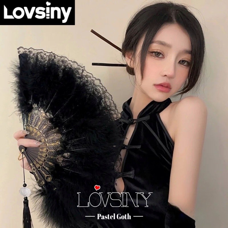 Quạt Xếp Phối Ren Lông Vũ 5 Màu Tùy Chọn Dùng Hóa Trang